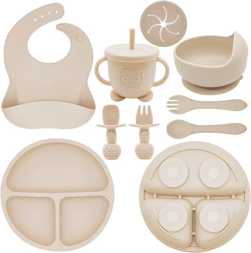 Munlinder Silicone Baby Feeding Set | Baby Led Weaning Supplies Includes Suction Bowls and Divided Plates, Adjustable Bib, Baby Utensils Spoons and Forks,Cup | Baby Feeding Essentials (Beige) - Image 1